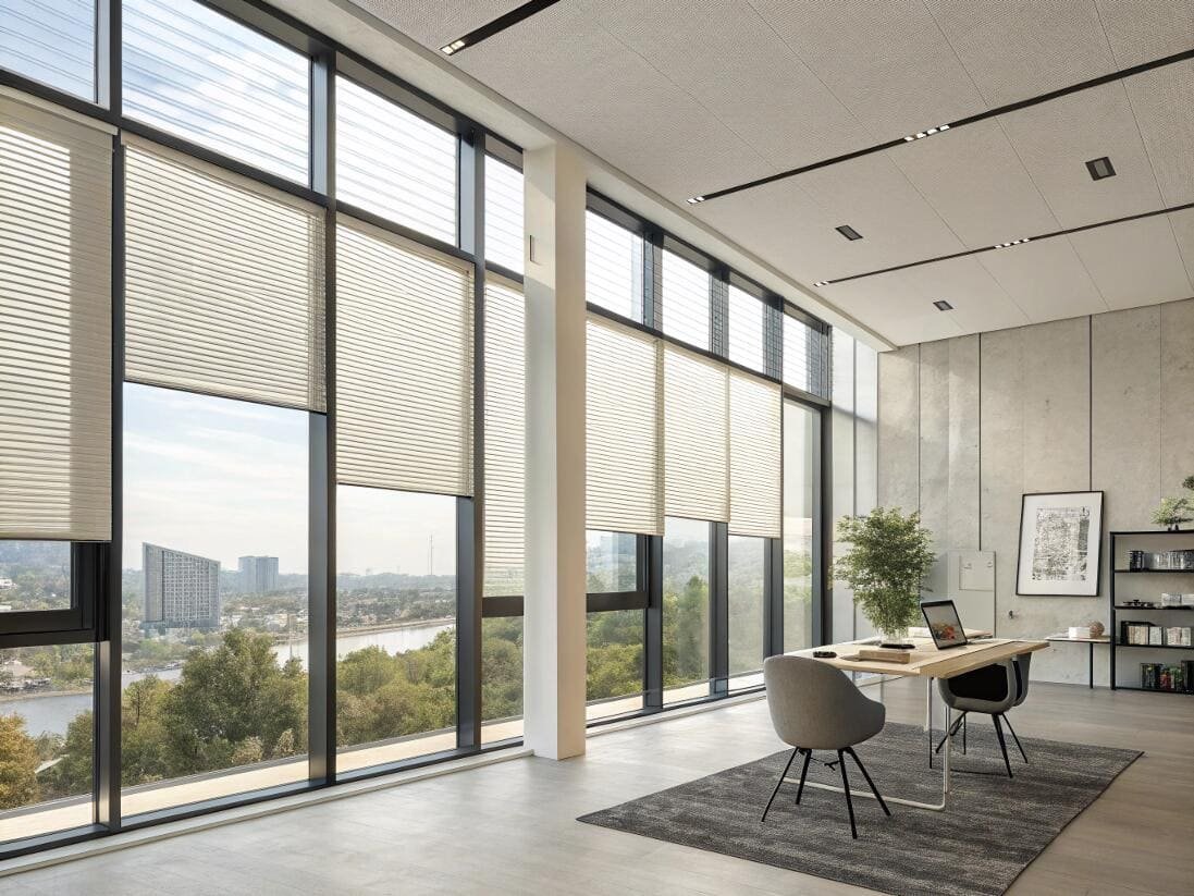 Smart top-down bottom-up cellular shades in a modern office with riverside views.