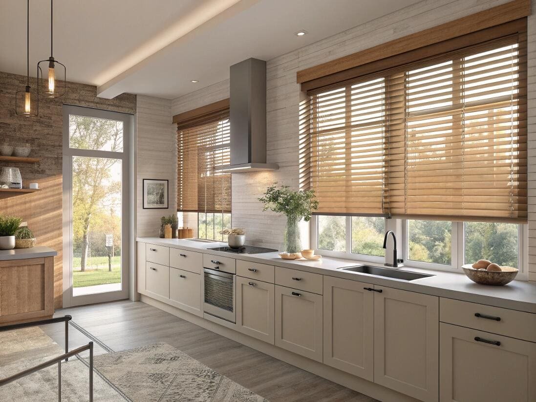 Durable faux wood blinds provide timeless style and functionality in a modern kitchen.