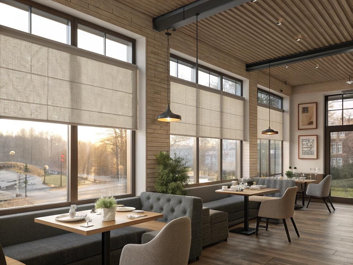 Textured roman shades enhance the warm, inviting atmosphere of a modern restaurant.