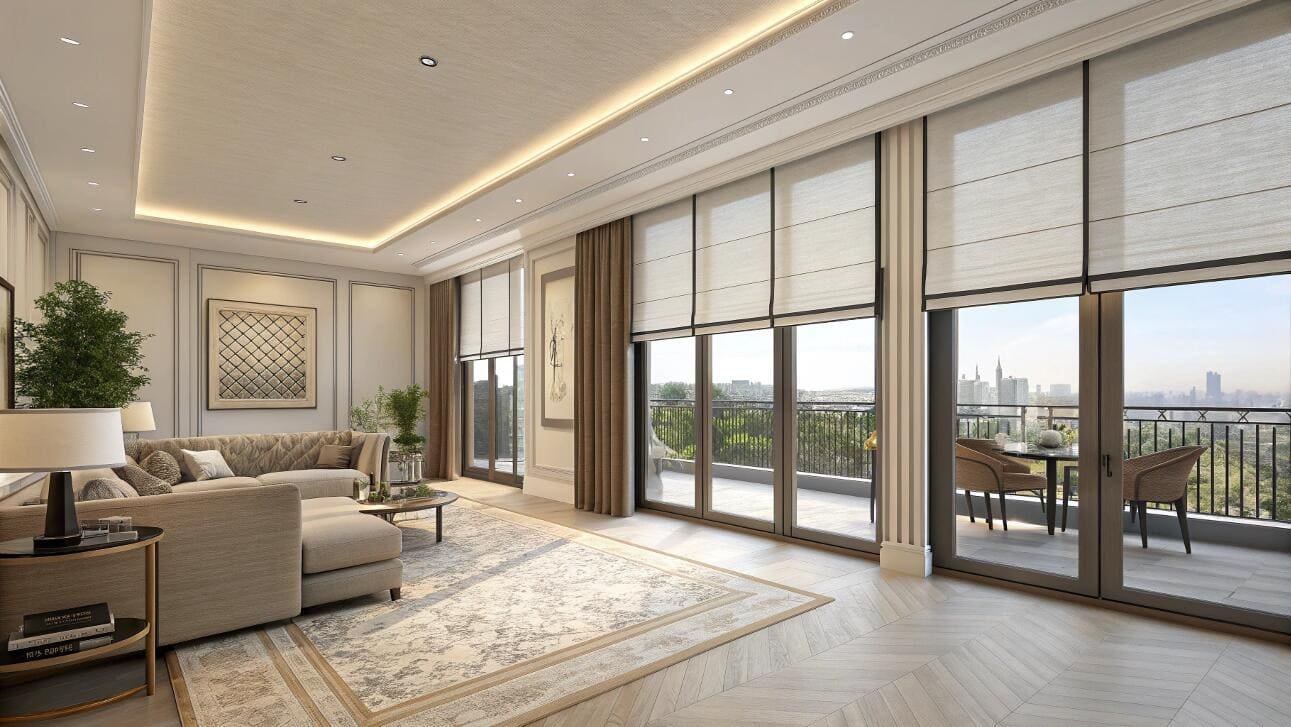 Elegant roman shades with borders add a sophisticated touch to a classic living room.