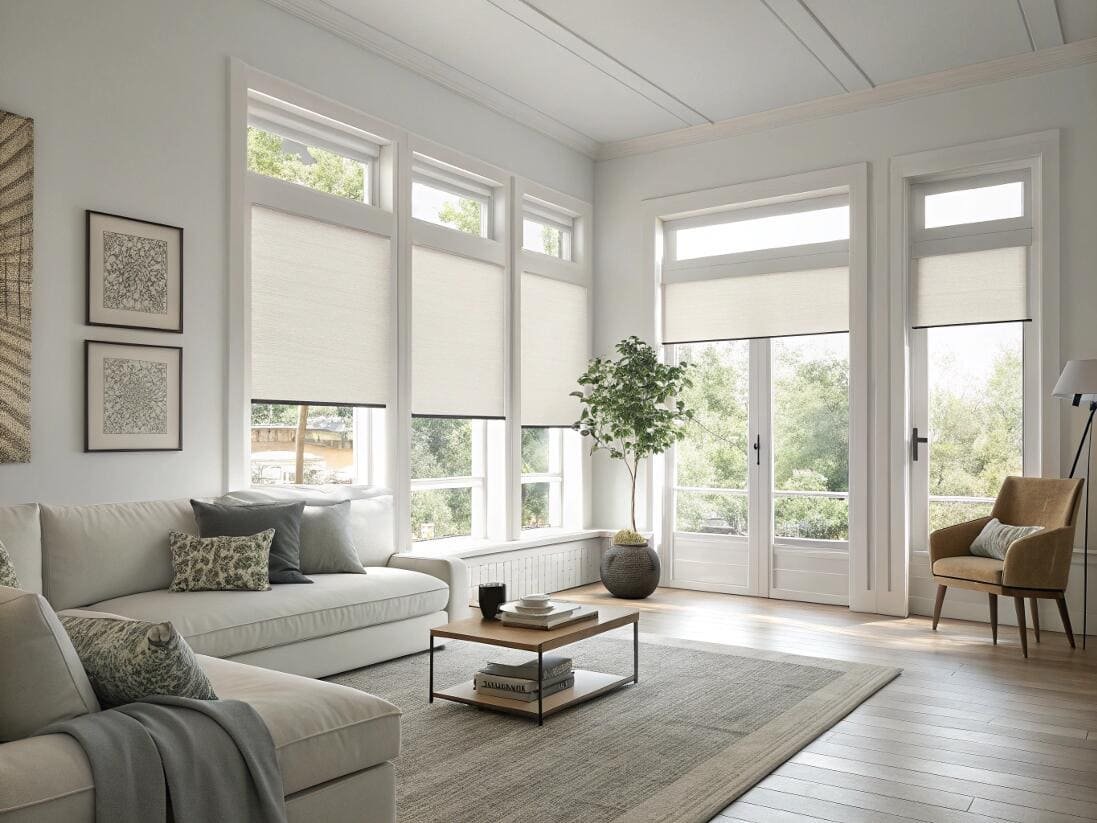 Light-filtering cellular shades create a bright, airy ambiance in a modern living room.