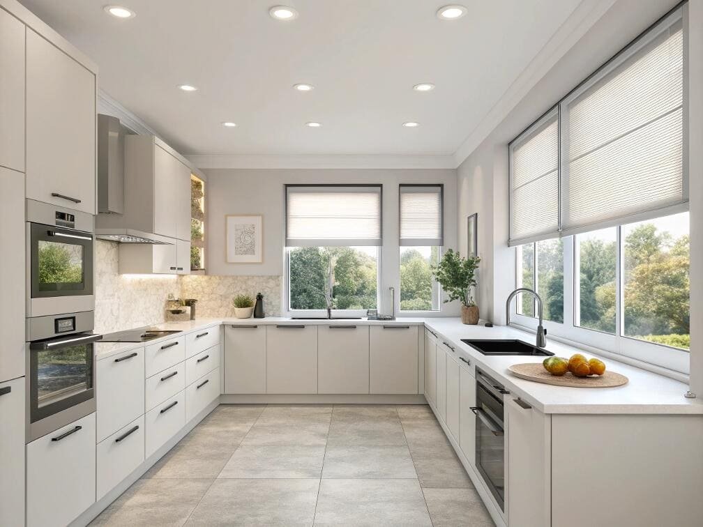 Top-down bottom-up cellular shades provide flexible light and privacy in a modern kitchen.