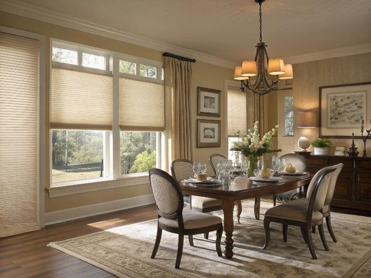 Energy-efficient cellular shades provide insulation and style for a traditional dining room.