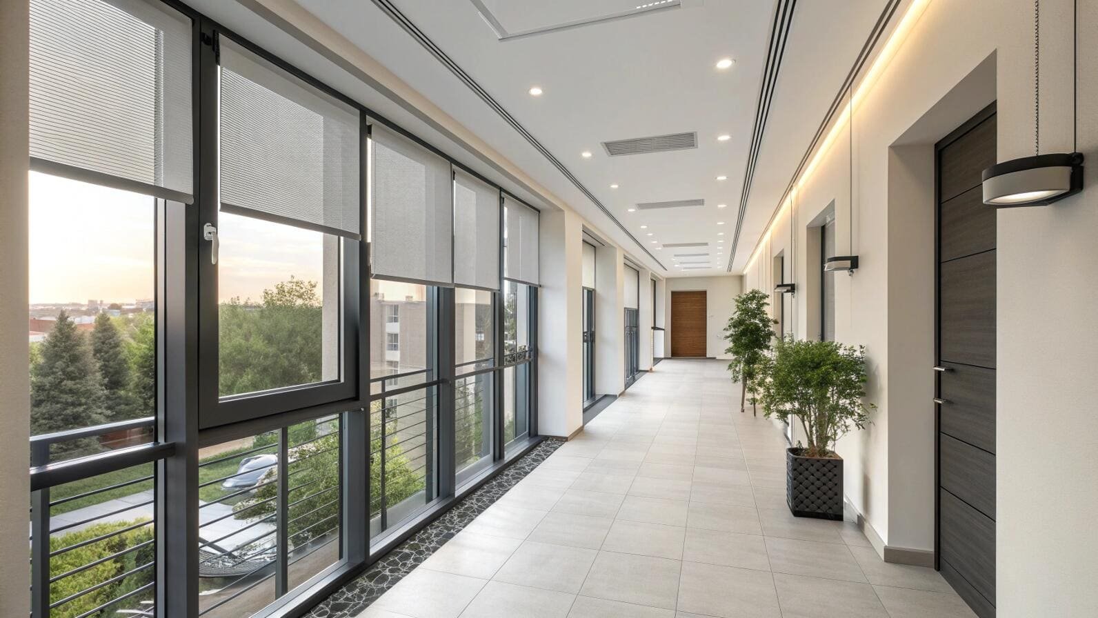 Sleek grey roller shades provide uniform light control for a modern office hallway.