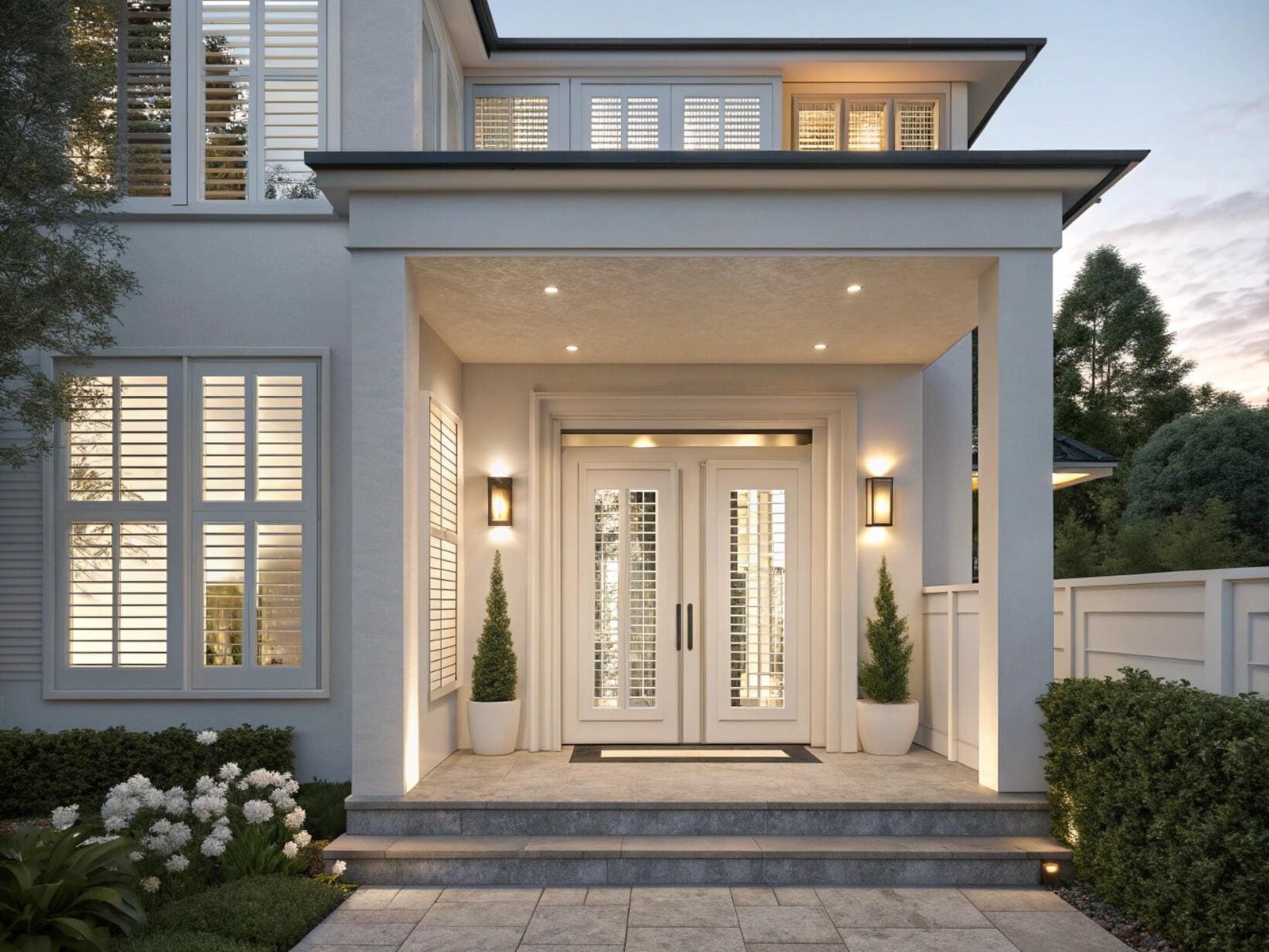 White plantation shutters on French doors create a classic, upscale home exterior.