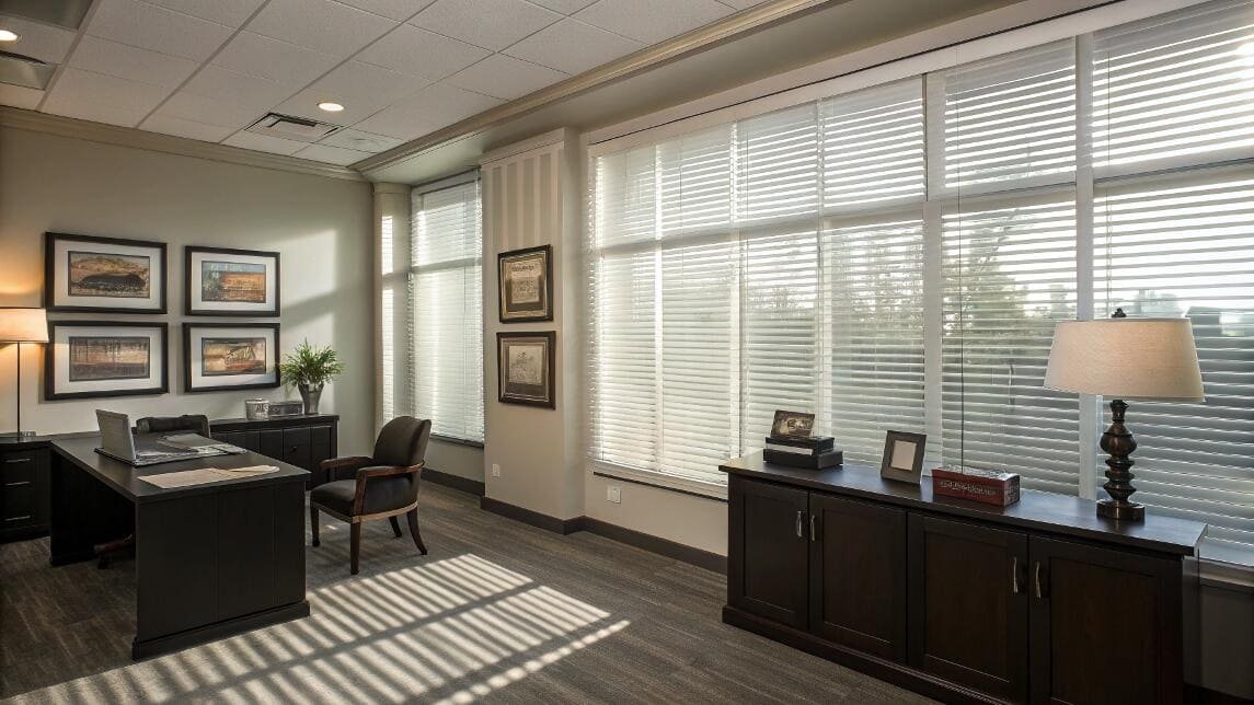 Spacious office with large windows featuring bright white horizontal blinds.