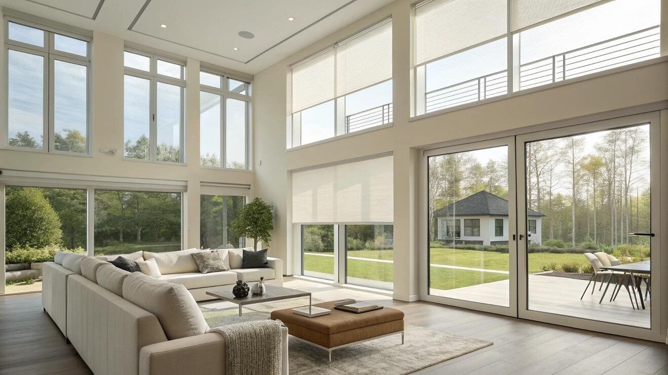 Light-filtering motorized roller shades cover two-story windows in a modern great room.