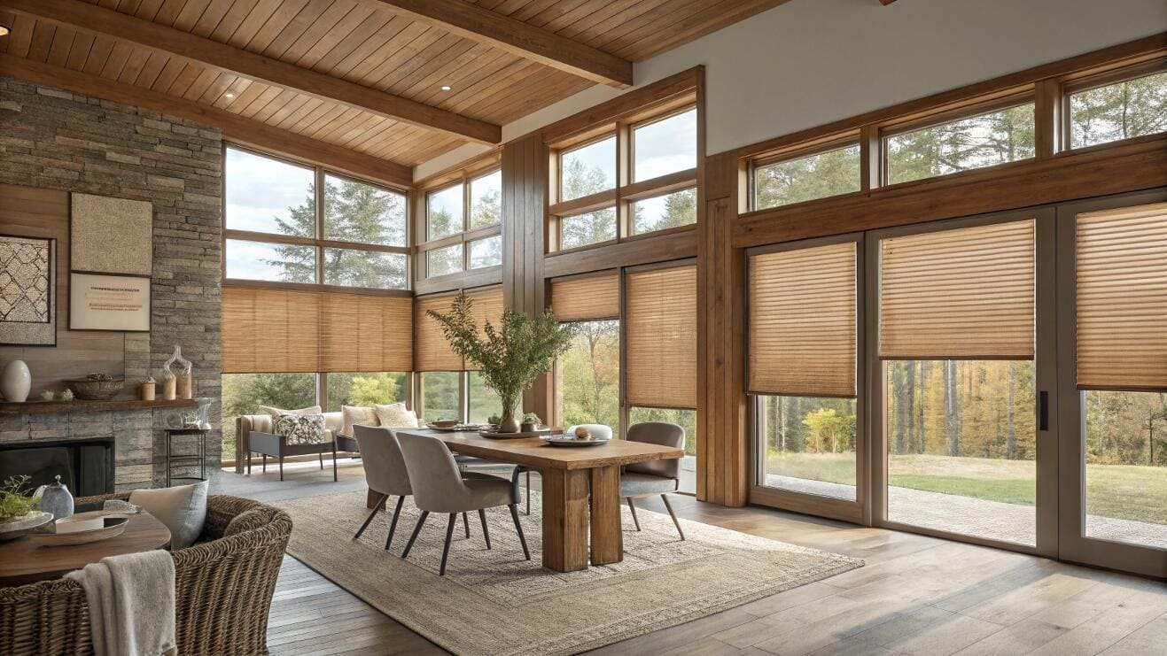 Energy-efficient cellular shades complement the wood tones in a rustic great room.