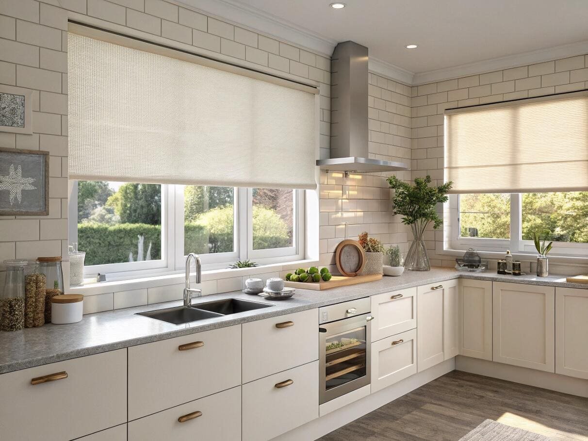 Moisture-resistant, light-filtering roller shades are perfect for a bright, modern kitchen design.