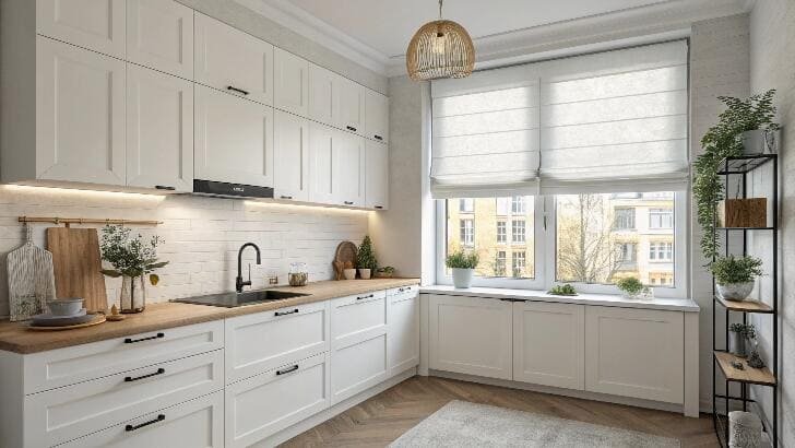 Bright white kitchen with large windows and light Roman blinds.