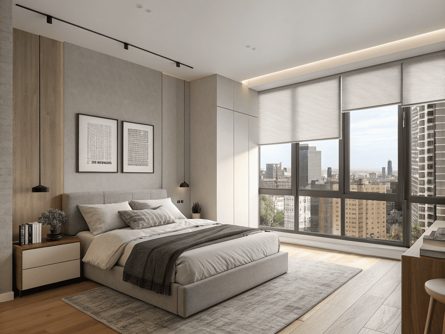 Dual layer roller shades offer flexible privacy and light control in a city bedroom.