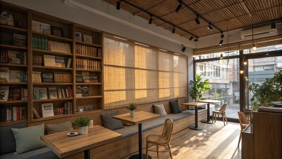 Cozy cafe and bookstore with textured woven shades, bookshelves and seating.