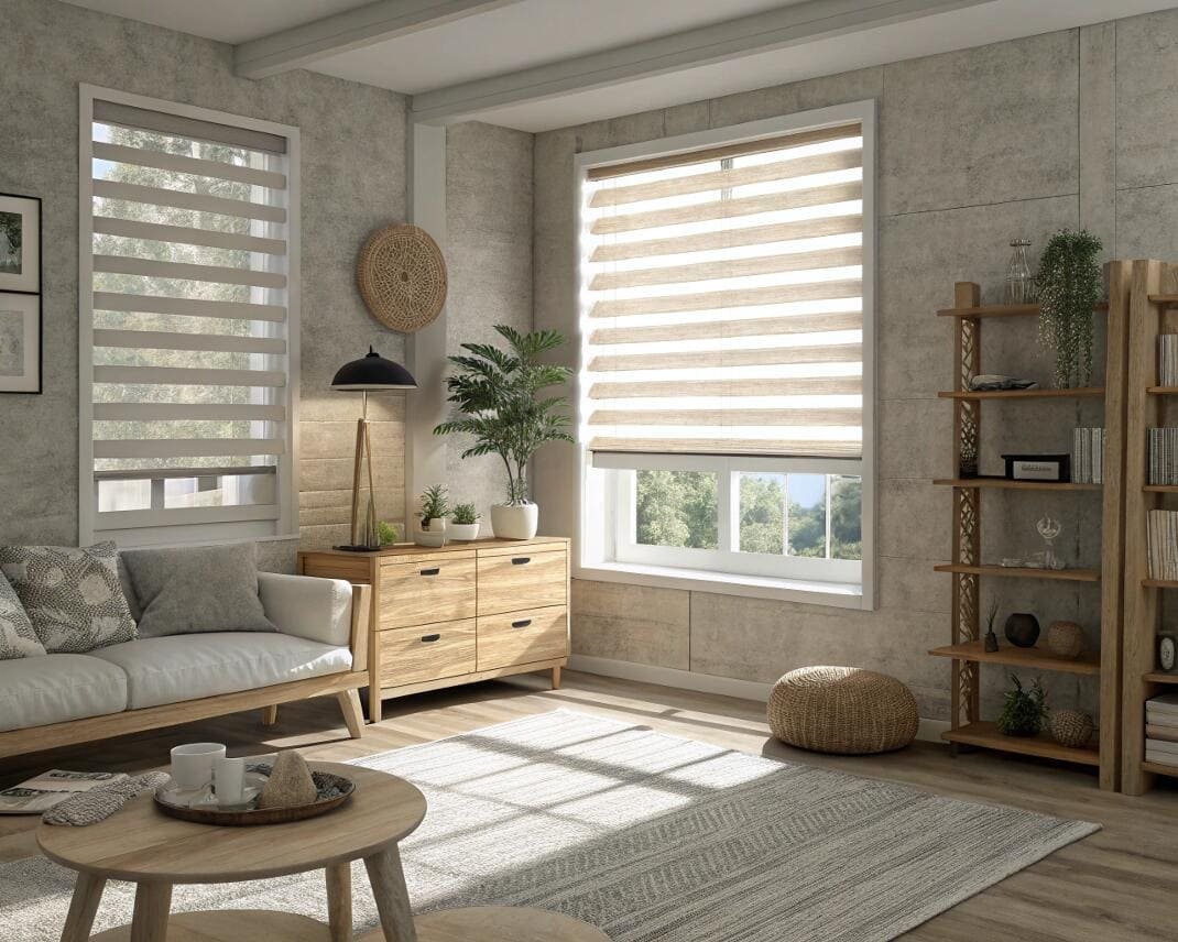 Inviting living space with natural light and two windows featuring decorative striped zebra blinds.