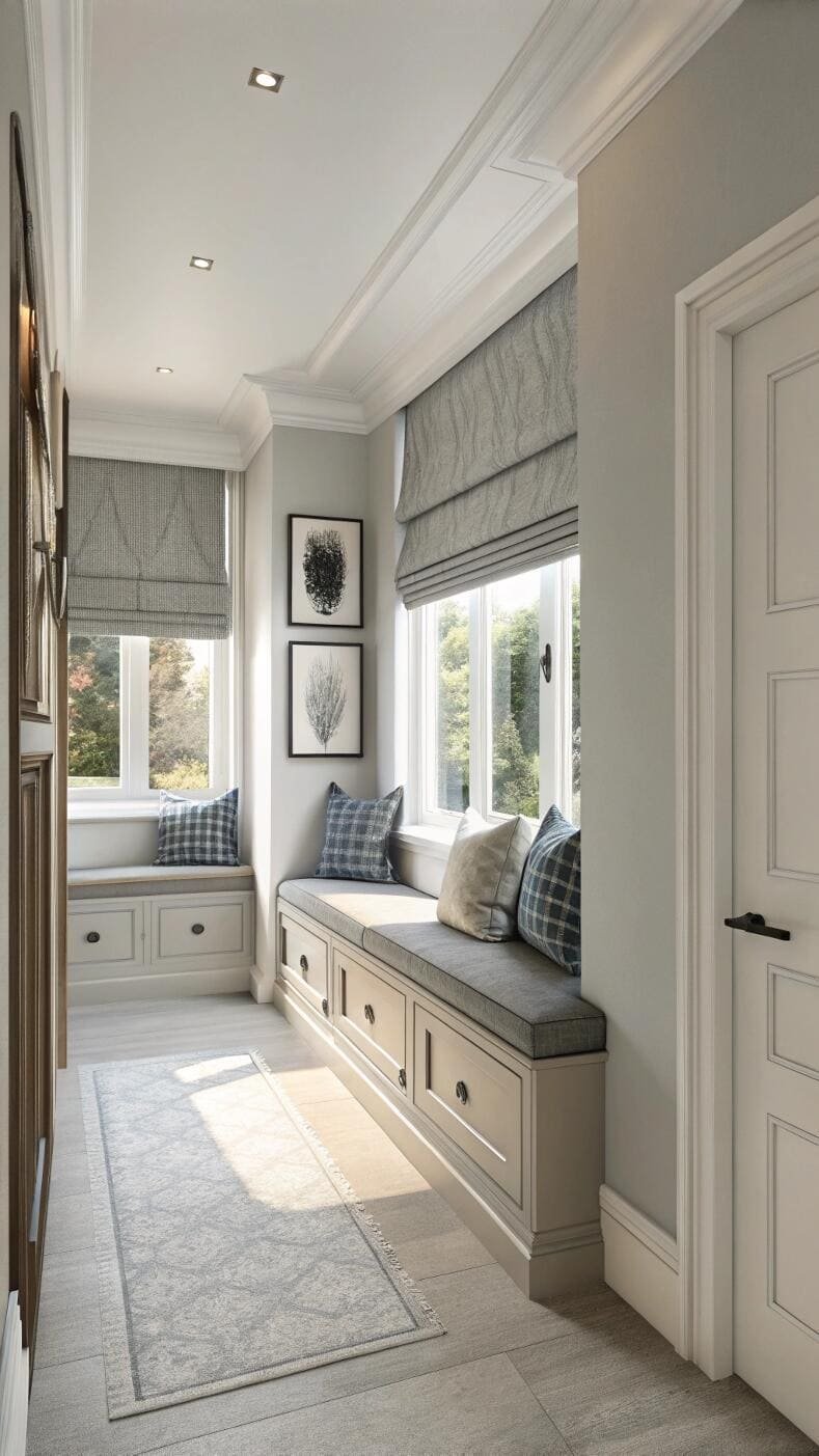 Hallway with window seats and grey patterned Roman shades.