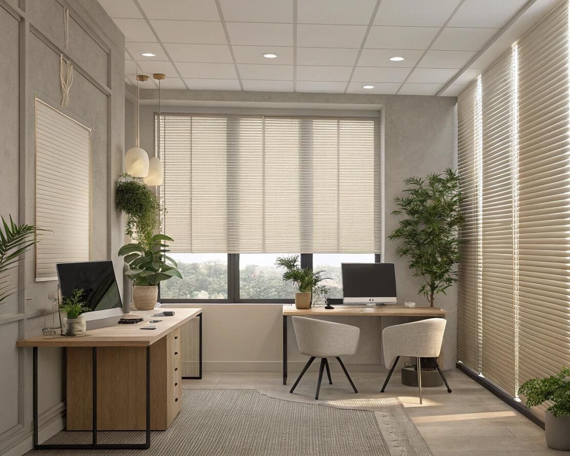 Spacious office area with multiple desks and light-colored horizontal blinds.