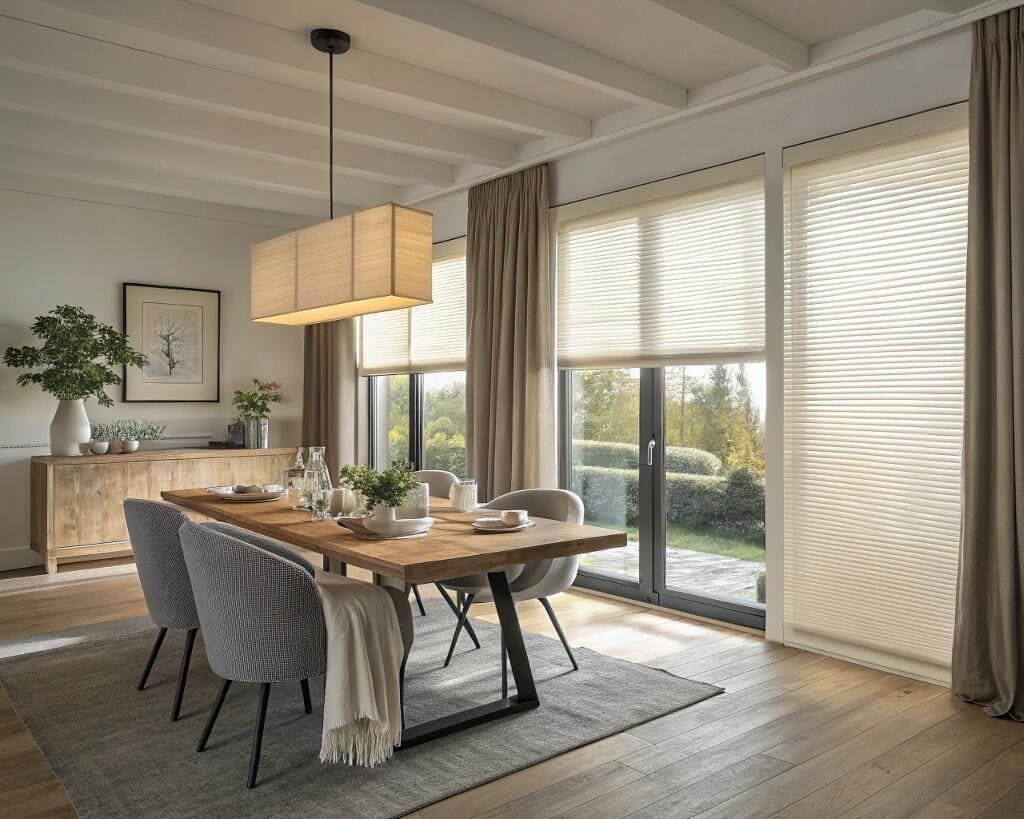 Elegant dining room with garden views and light pleated blinds with drapes.