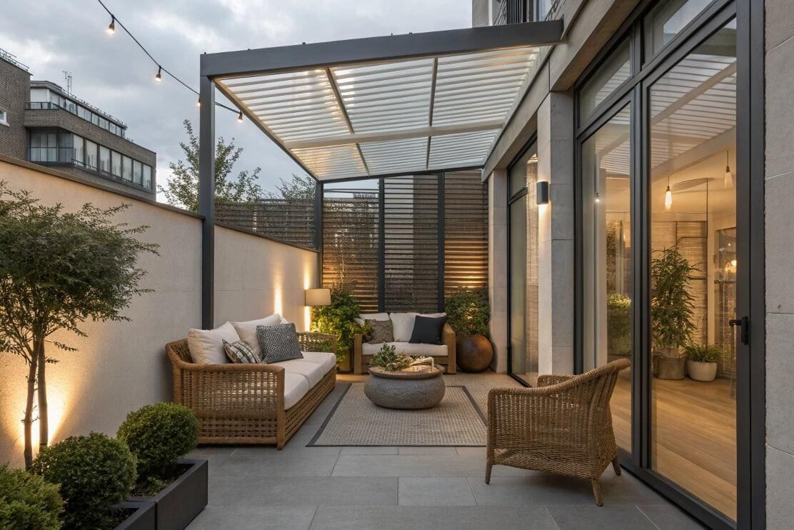 Contemporary outdoor living area with a stylish pergola shade structure.