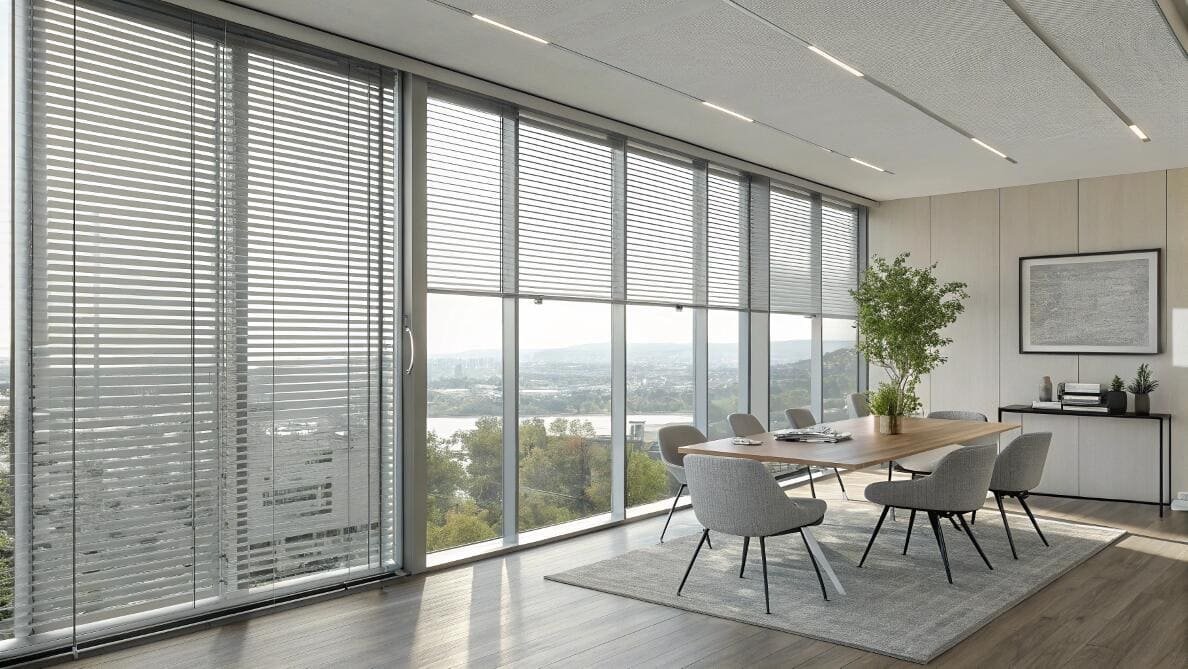 Corporate meeting room with silver venetian blinds on floor-to-ceiling windows.