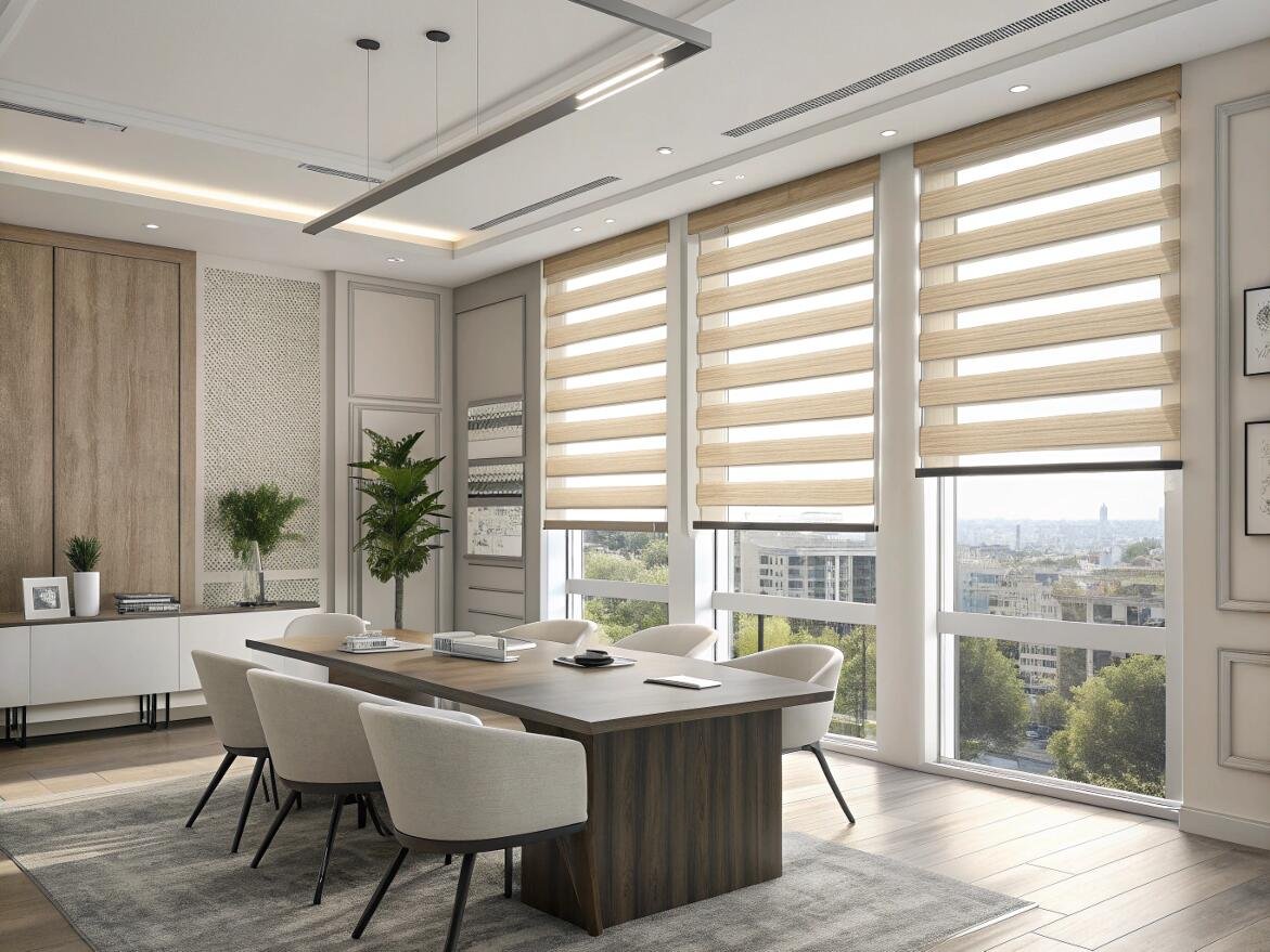 Executive conference room with motorized golden zebra shades for a high-end commercial project.