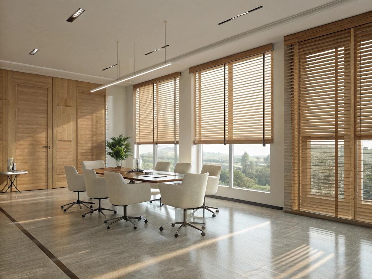 Executive boardroom featuring warm wood venetian blinds for a sophisticated commercial project.