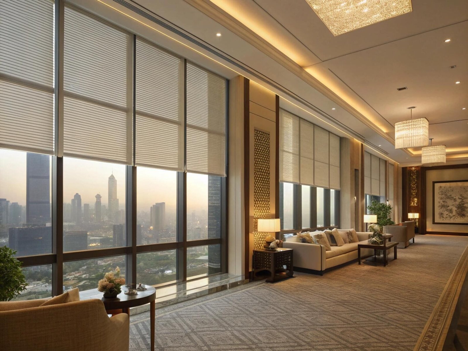 Expansive hotel lobby featuring energy-efficient cellular shades for large-scale commercial projects.