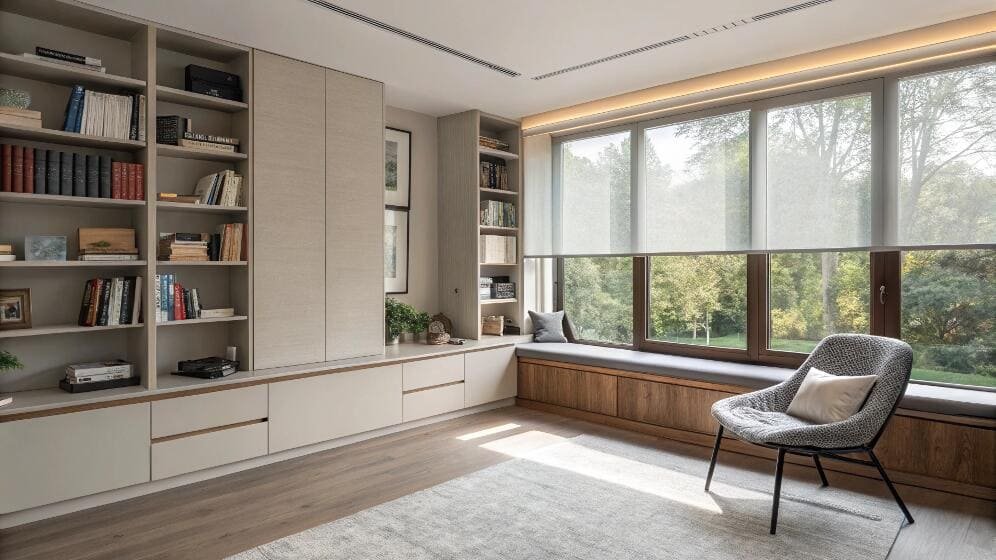 Serene home library with built-in shelves and a large window fitted with a sheer roller shade.