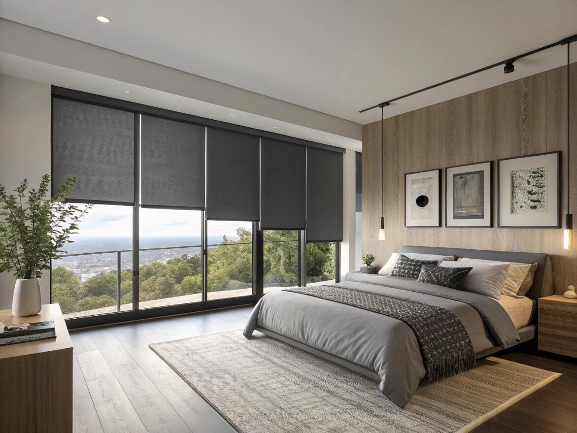 Contemporary bedroom featuring motorized blackout roller shades for optimal sleep and scenic views.