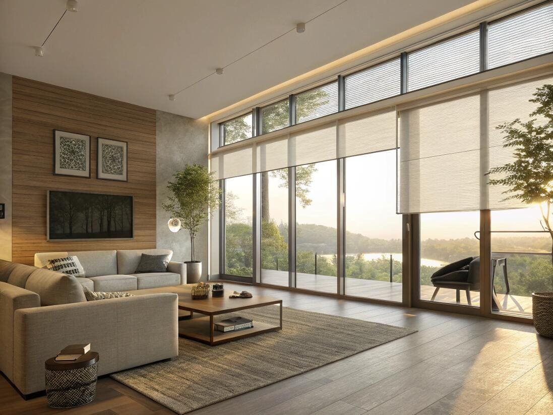 Warm, modern living room with cellular shades providing insulation and beautiful sunset views.