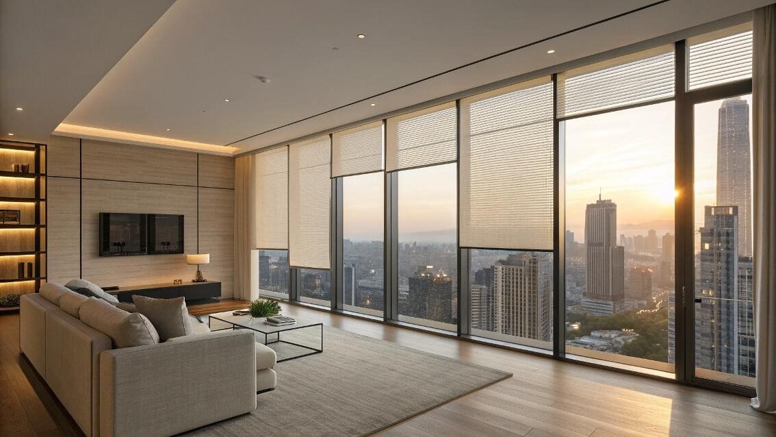 Light-filtering cellular shades cover expansive windows in a luxurious high-rise city apartment.