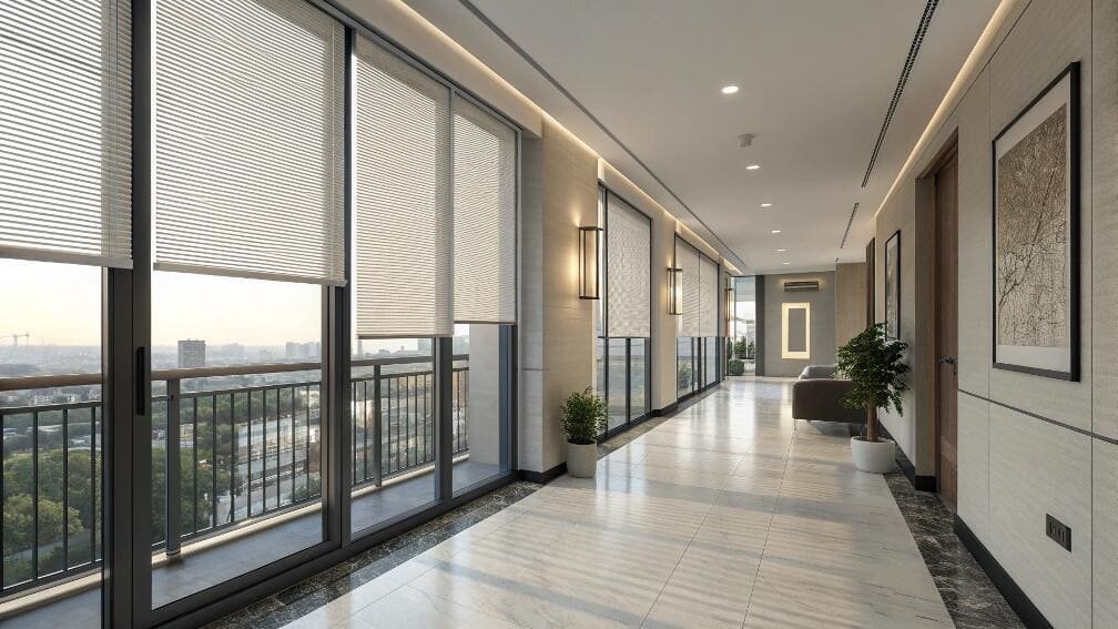 Thermal cellular shades installed floor-to-ceiling in a modern commercial building corridor.
