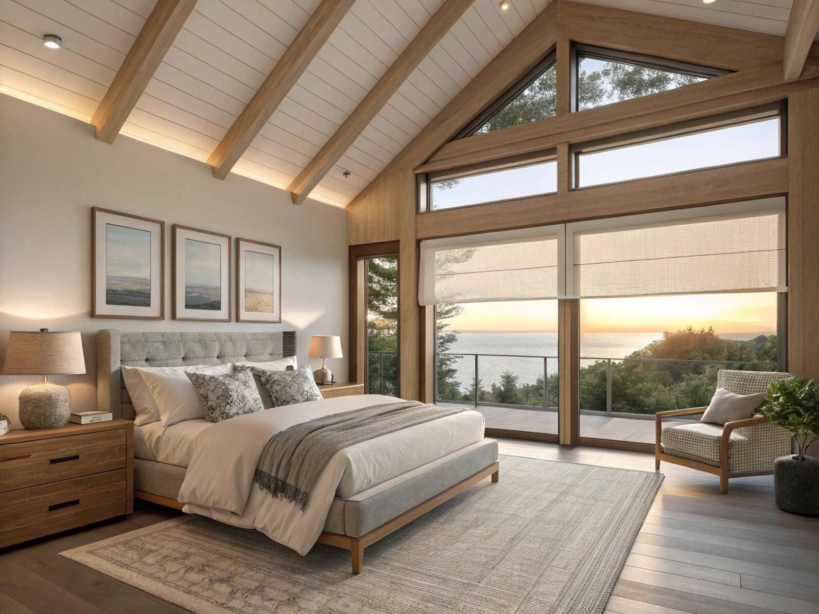 Woven Roman shades complement a coastal luxury bedroom with vaulted wood ceilings.