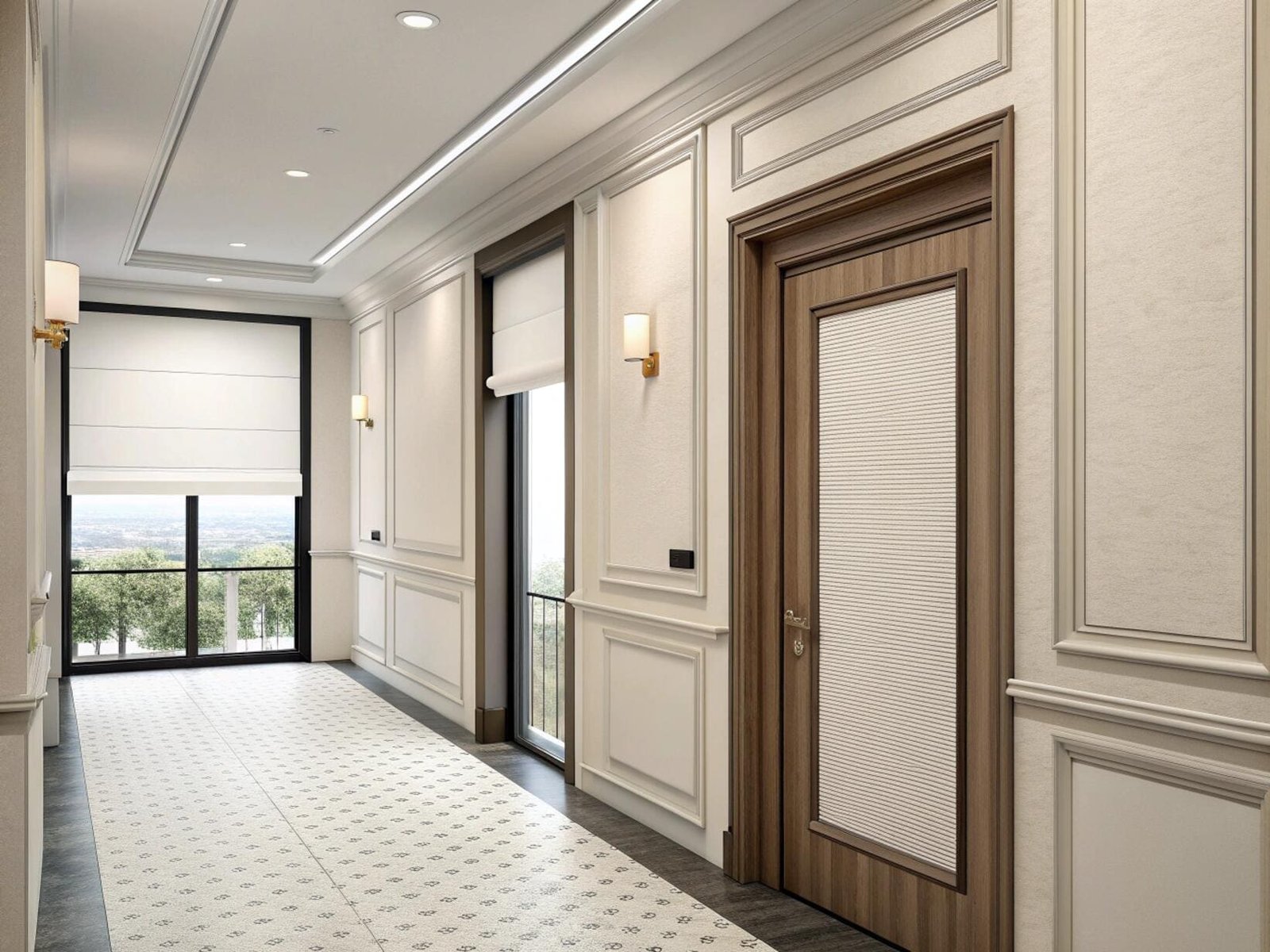 A custom cellular shade provides privacy for a glass panel on an interior door.