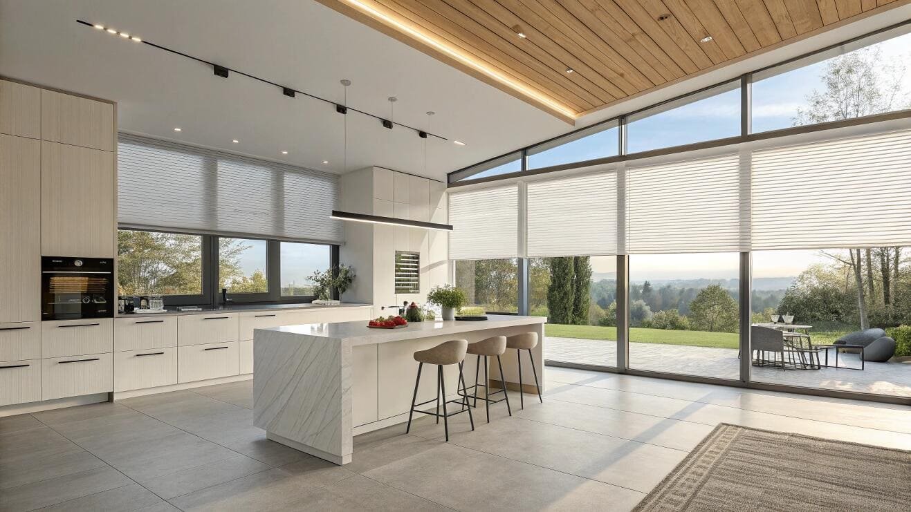 Energy-efficient cellular shades provide insulation for large windows in a modern kitchen.