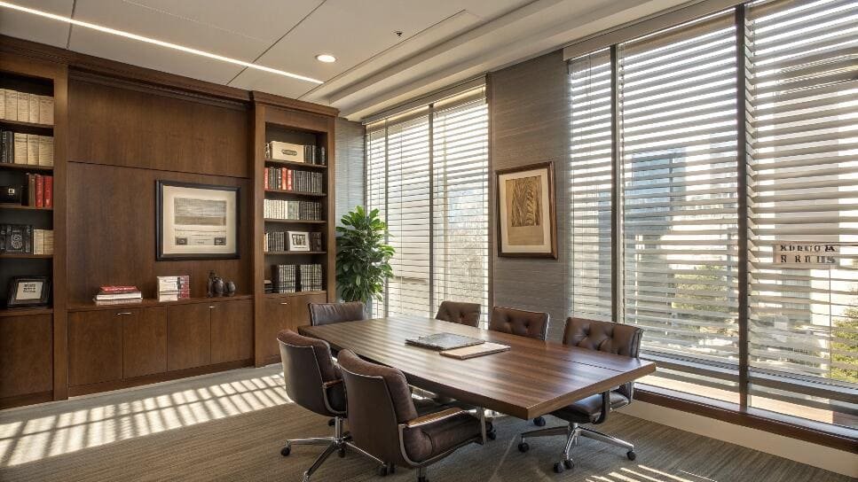 Executive meeting room with wood-paneled walls and modern horizontal blinds.