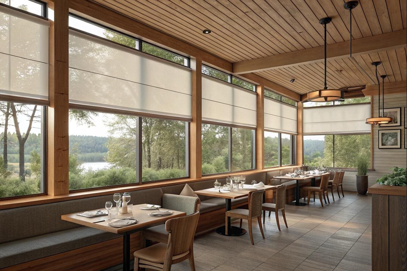Restaurant with scenic view and light-filtering roller shades on large windows.