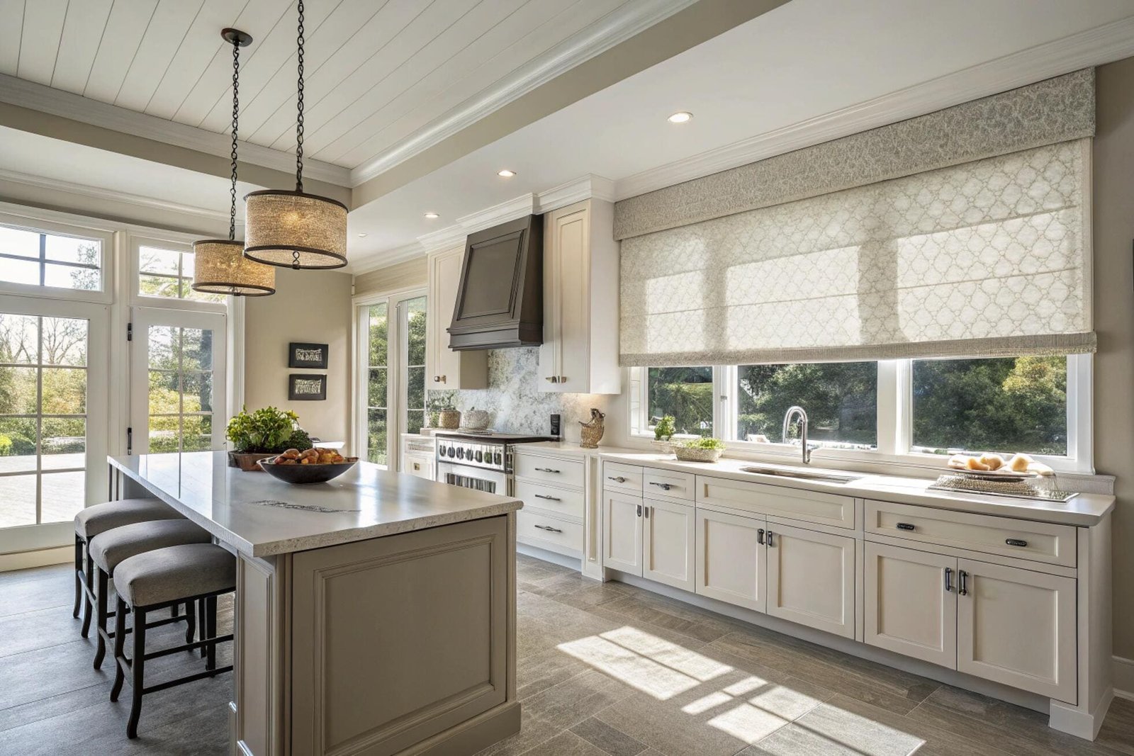 Elegant kitchen featuring decorative patterned Roman shades, perfect for residential projects.