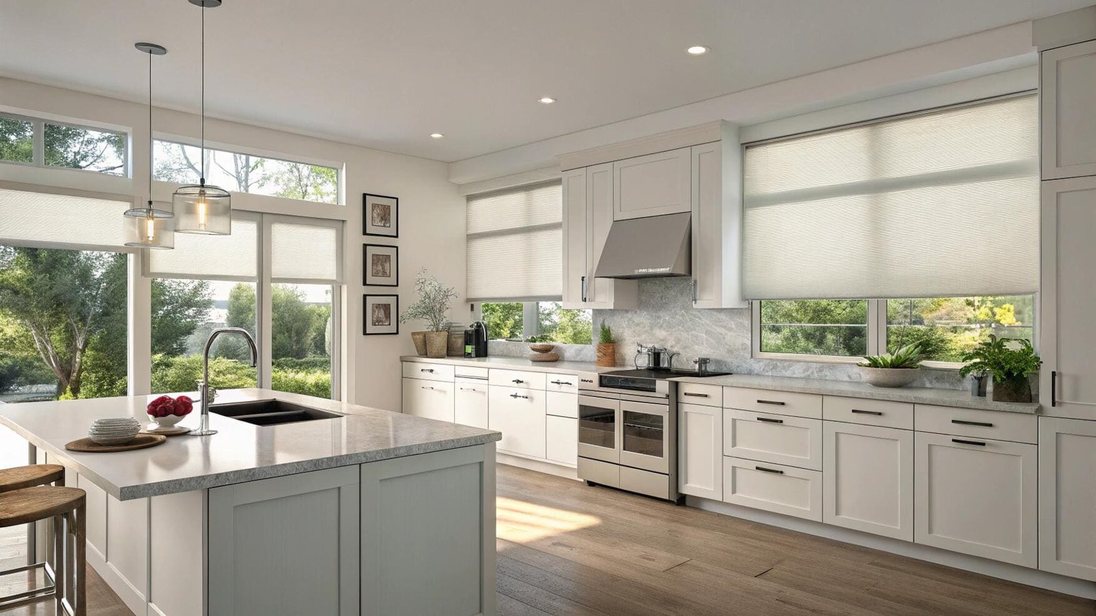 Spacious white kitchen with large windows and patio door, featuring light cellular shades.