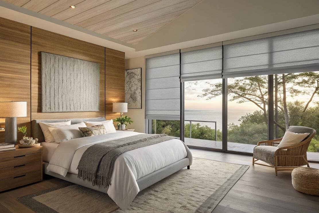 Elegant bedroom with stunning ocean views and modern grey Roman shades.