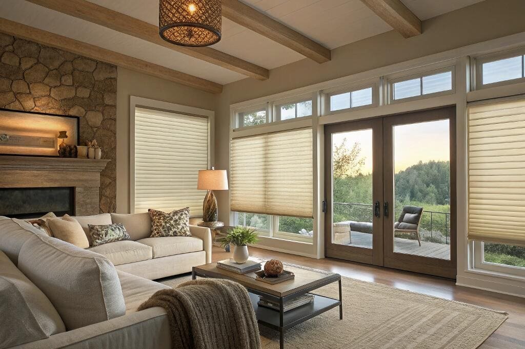 Cozy living room with fireplace and energy-efficient cellular window shades.