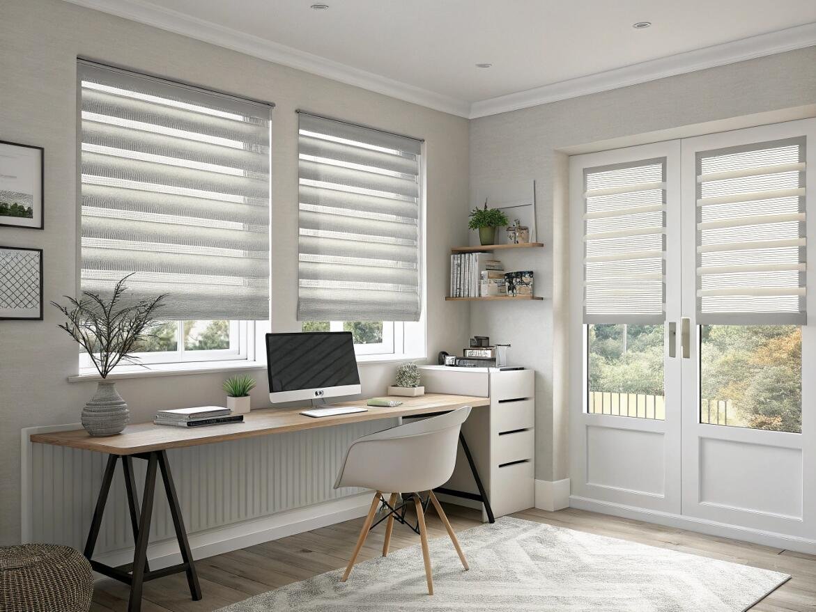 Versatile home office with light grey zebra shades on windows and patio doors.