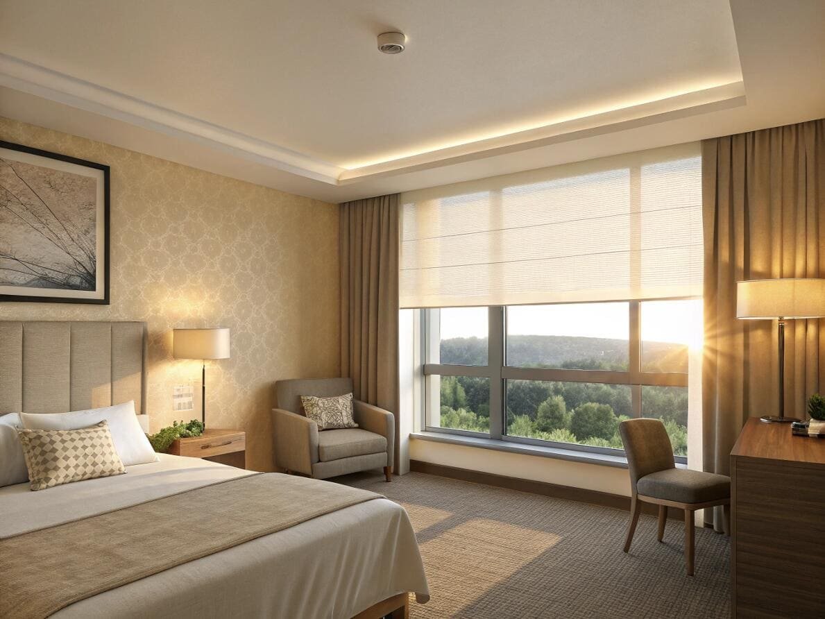 Comfortable hotel room with a large, light-filtering Roman shade for guest privacy.