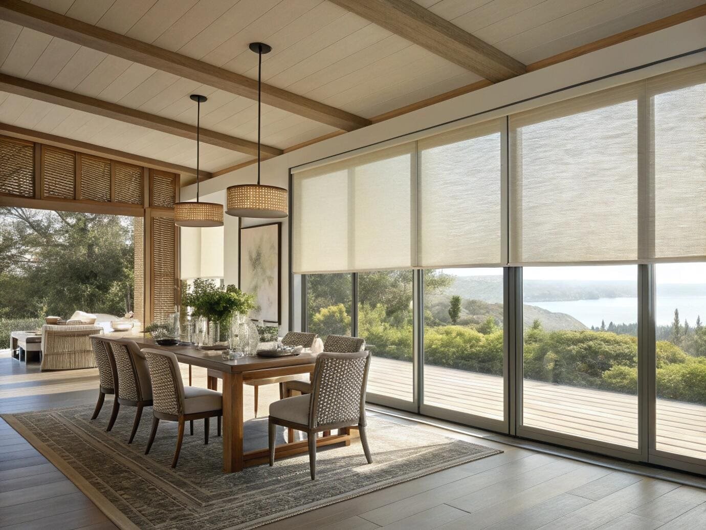 Dining room with light-filtering solar shades offering UV protection on large patio doors.