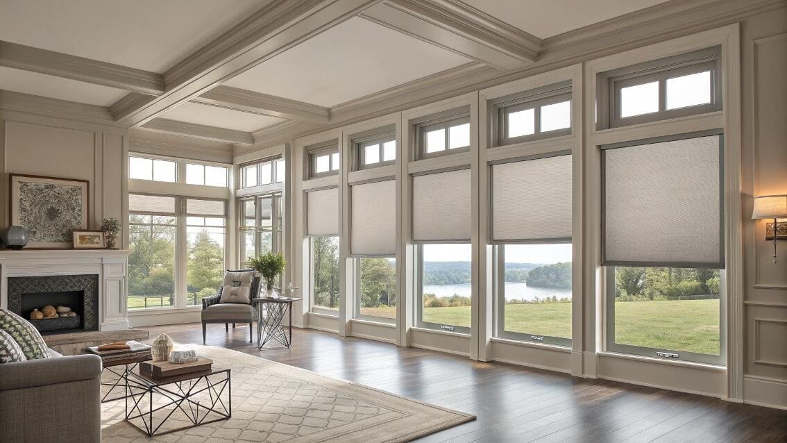 Elegant gray roller shades provide a clean, cohesive look in a classic living room.
