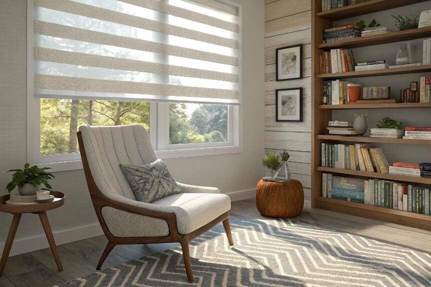 Comfortable reading nook with a chair, bookshelf, and light-filtering zebra blinds.