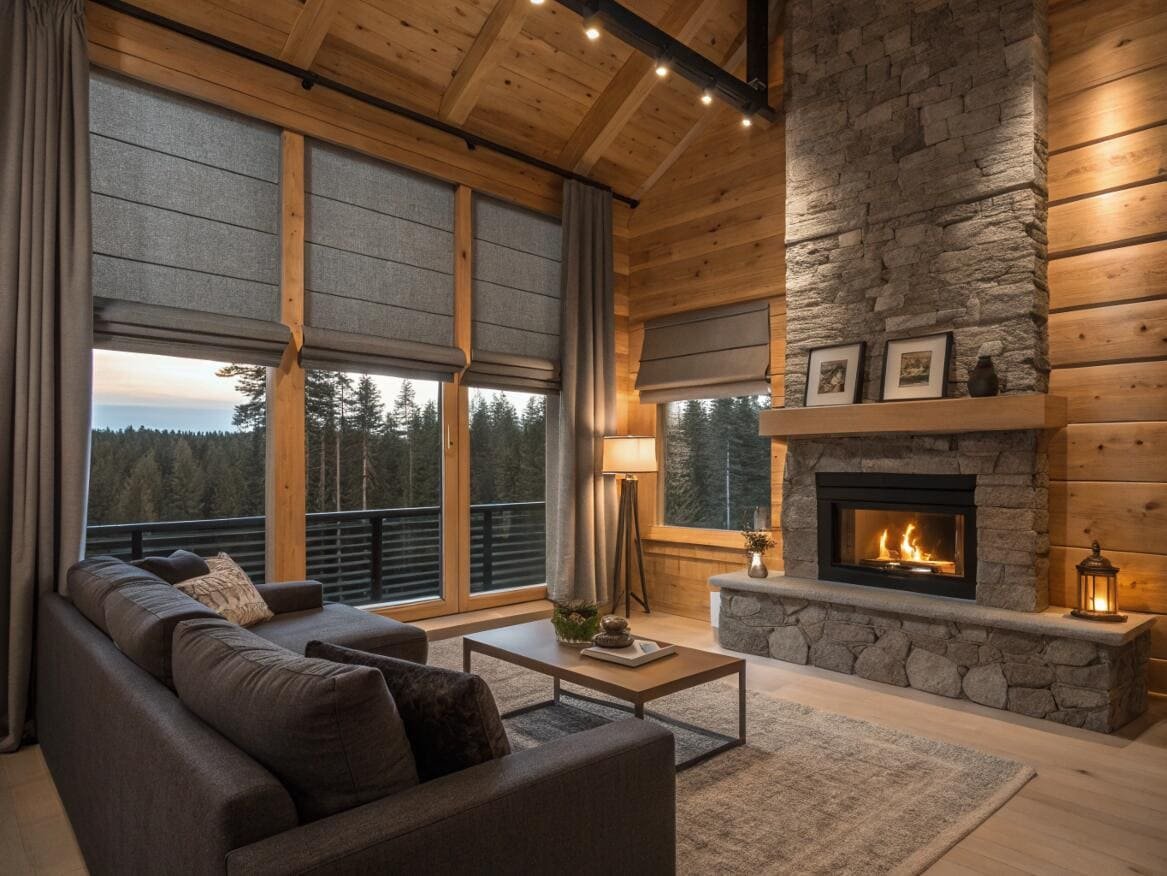 Mountain cabin living room with stone fireplace and gray Roman blinds.