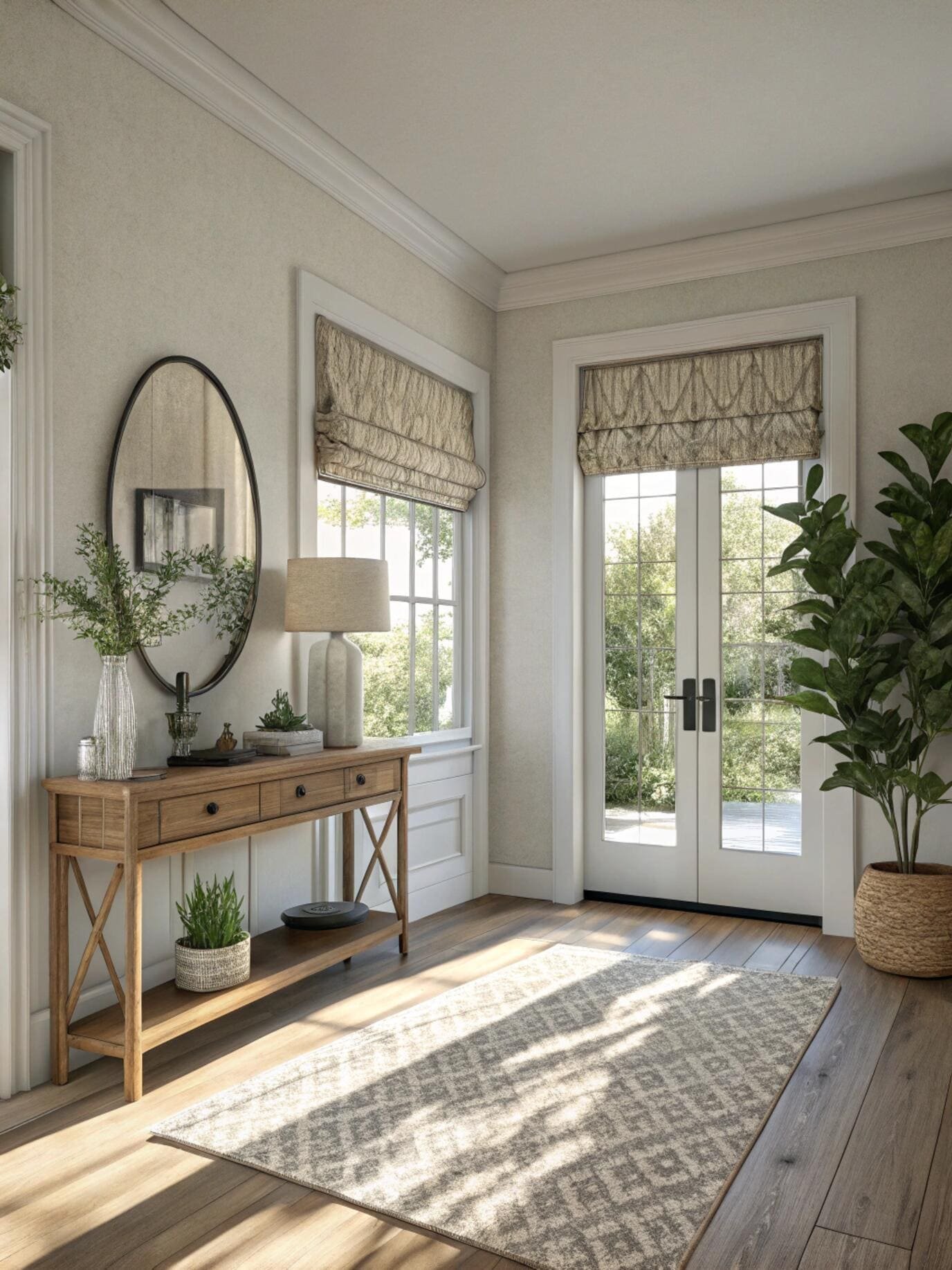 Inviting entryway with patterned Roman shades and French doors.