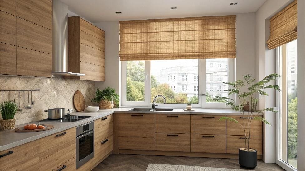 Modern kitchen with natural wood cabinetry and a large window fitted with woven shades.