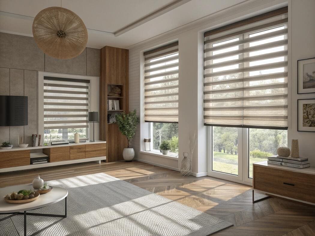 Modern zebra shades offer adjustable light control in a stylish living room.