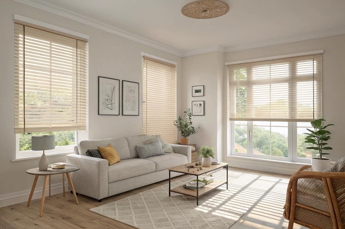 Light wood blinds with decorative tapes filter sunlight in a bright, airy living room.