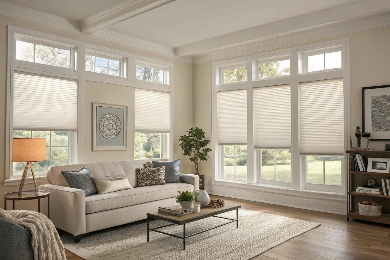 Energy-efficient cellular shades provide a clean, cohesive look for a traditional living room.